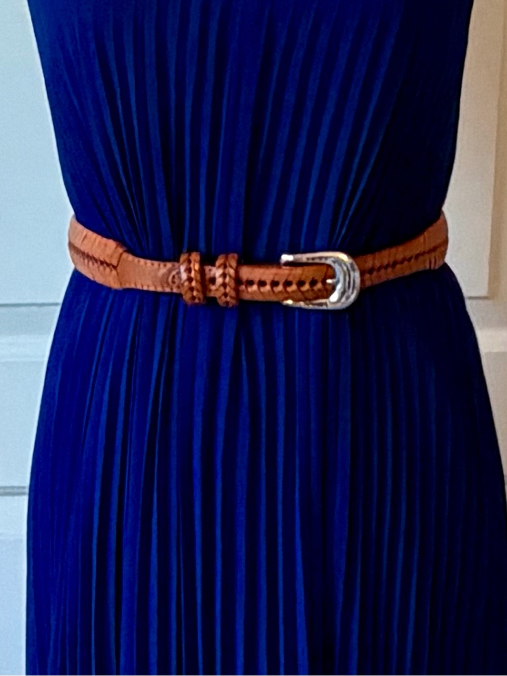 Braided Tan Leather Waist Belt with Silver Buckle